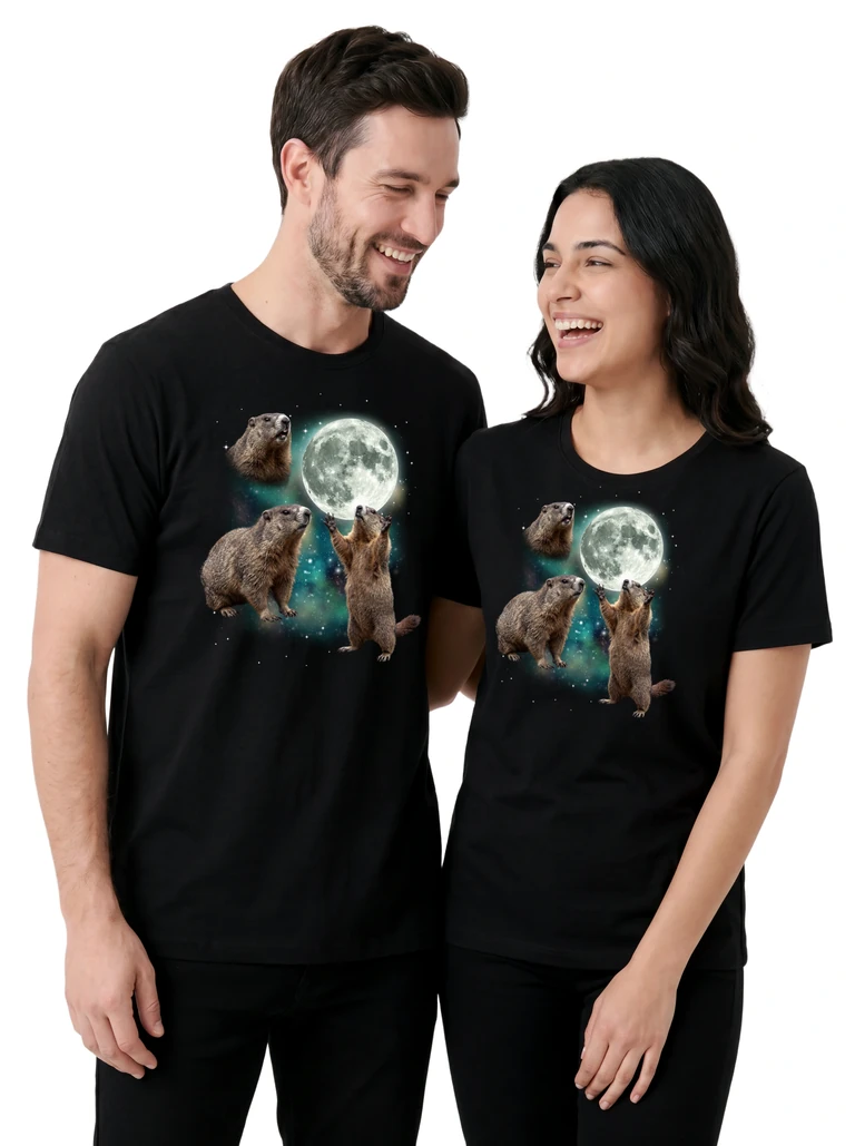 Couple wearing the Three Groundhog Moon cosmic t-shirt - MagicMoon moon-channeled design