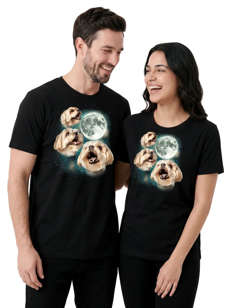 Couple wearing the Three Havanese Moon cosmic t-shirt - MagicMoon moon-channeled design