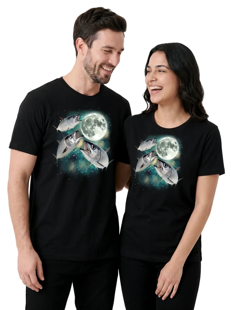 Couple wearing the Three Herring Moon cosmic t-shirt - MagicMoon moon-channeled design