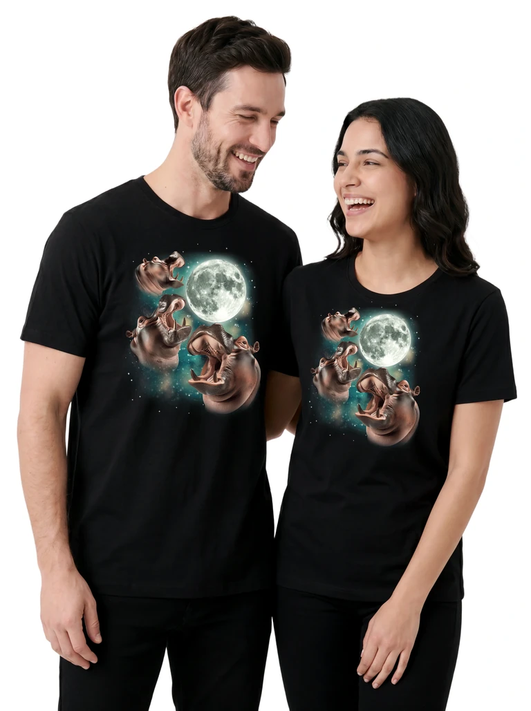 Couple wearing the Three Hippopotamus Moon cosmic t-shirt - MagicMoon moon-channeled design