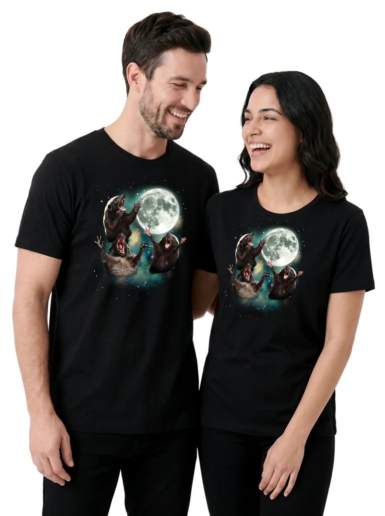 Couple wearing the Three Honey Badger Moon cosmic t-shirt - MagicMoon moon-channeled design