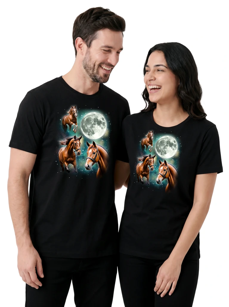 Couple wearing the Three Horse Moon cosmic t-shirt - MagicMoon moon-channeled design