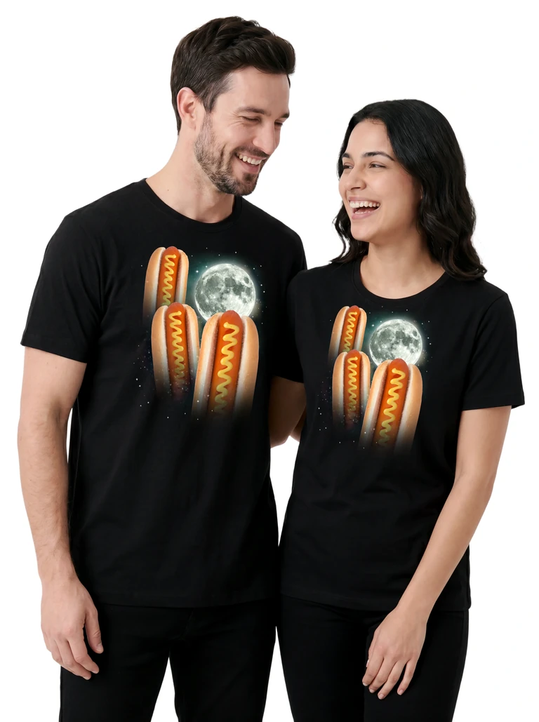 Couple wearing the Three Hot Dog Moon cosmic t-shirt - MagicMoon moon-channeled design