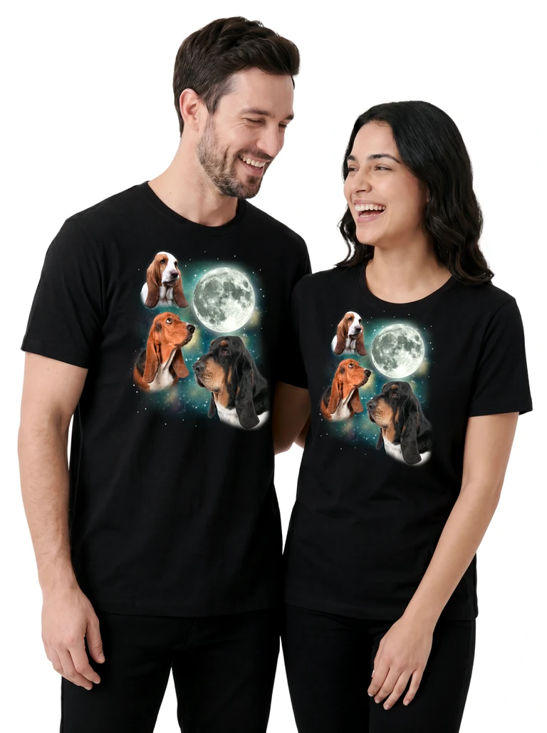 Couple wearing the Three Hound Moon cosmic t-shirt - MagicMoon moon-channeled design