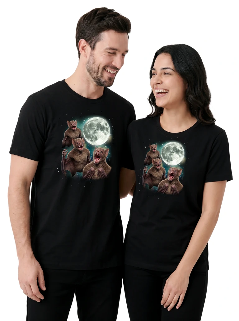 Couple wearing the Three Human Bat Moon cosmic t-shirt - MagicMoon moon-channeled design