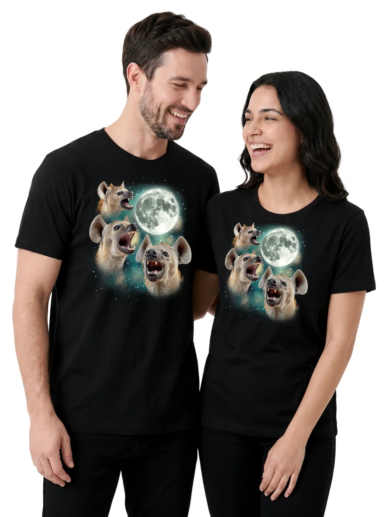 Couple wearing the Three Hyena Moon cosmic t-shirt - MagicMoon moon-channeled design