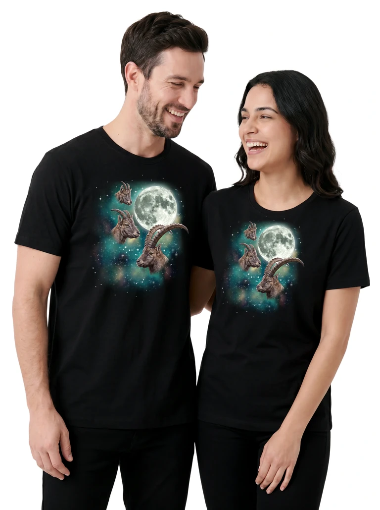 Couple wearing the Three Ibex Moon cosmic t-shirt - MagicMoon moon-channeled design