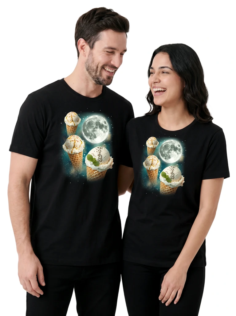Couple wearing the Three Ice Cream Cones Moon cosmic t-shirt - MagicMoon moon-channeled design