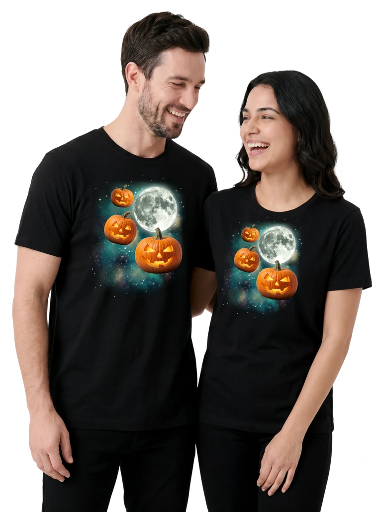 Couple wearing the Three Jack O Lantern Moon cosmic t-shirt - MagicMoon moon-channeled design