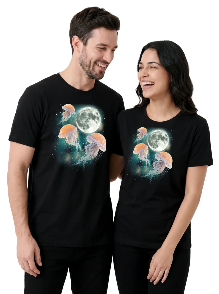 Couple wearing the Three Jellyfish Moon cosmic t-shirt - MagicMoon moon-channeled design