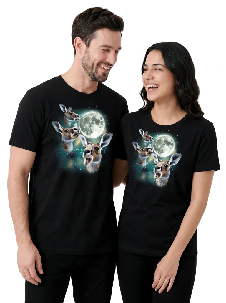 Couple wearing the Three Kangaroo Moon cosmic t-shirt - MagicMoon moon-channeled design