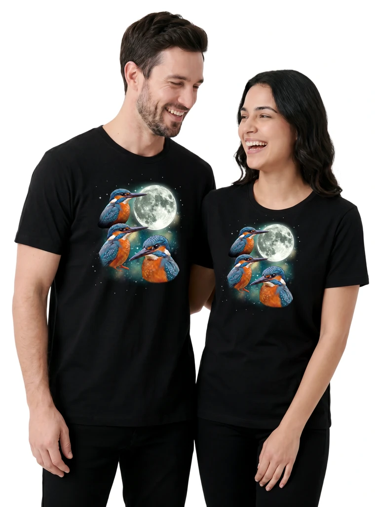 Couple wearing the Three Kingfisher Moon cosmic t-shirt - MagicMoon moon-channeled design