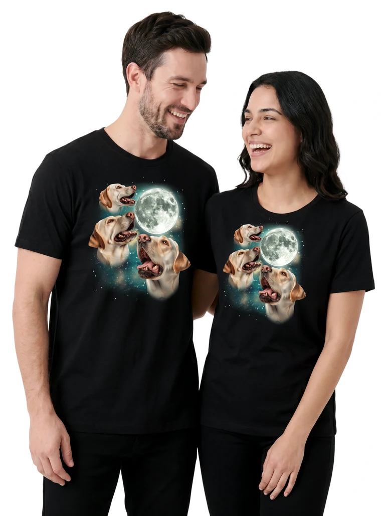 Couple wearing the Three Labrador Retriever White Moon cosmic t-shirt - MagicMoon moon-channeled design