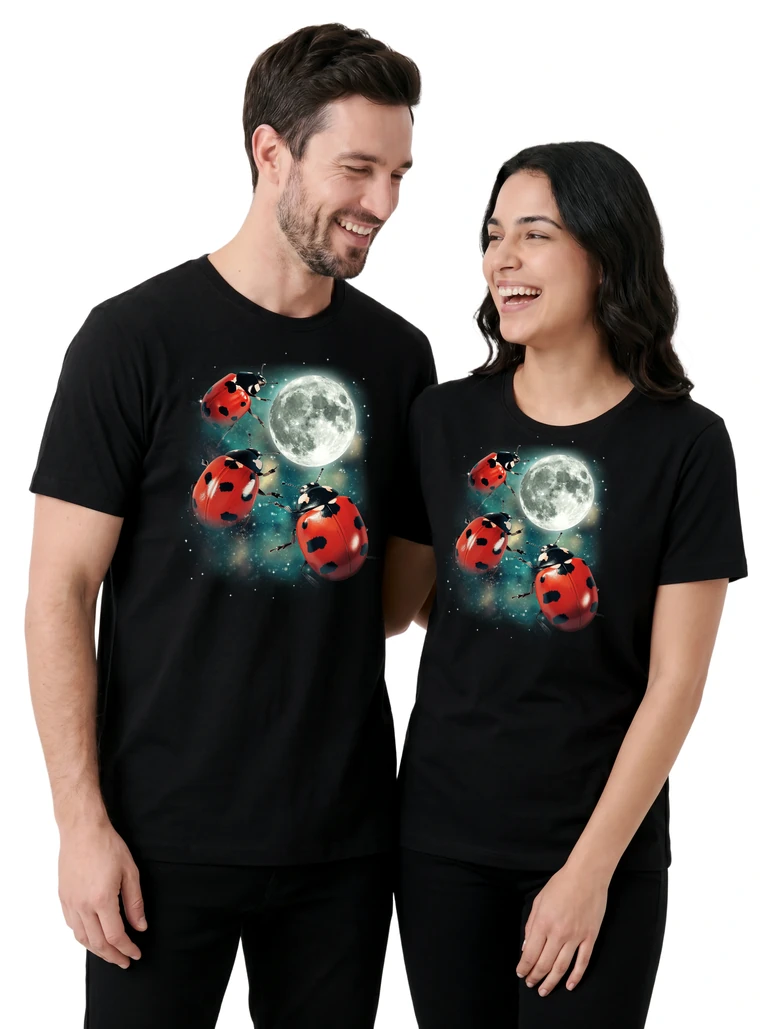 Couple wearing the Three Ladybug Moon cosmic t-shirt - MagicMoon moon-channeled design