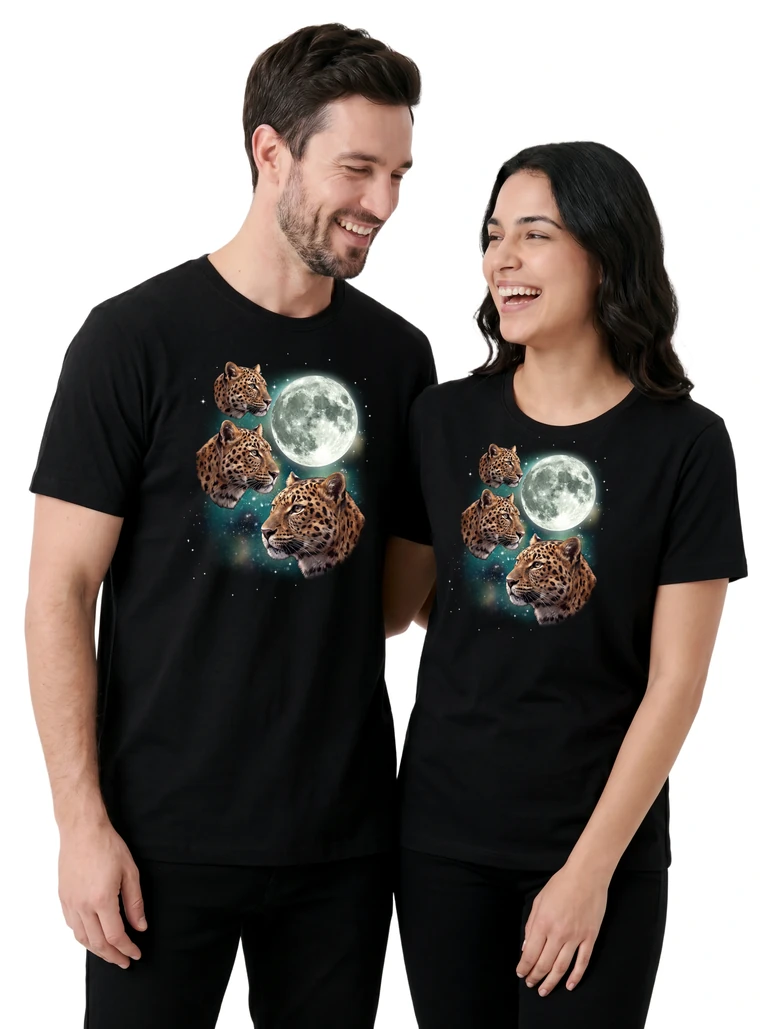 Couple wearing the Three Leopard Moon cosmic t-shirt - MagicMoon moon-channeled design