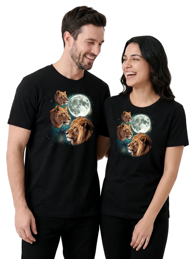 Couple wearing the Three Lion Moon cosmic t-shirt - MagicMoon moon-channeled design