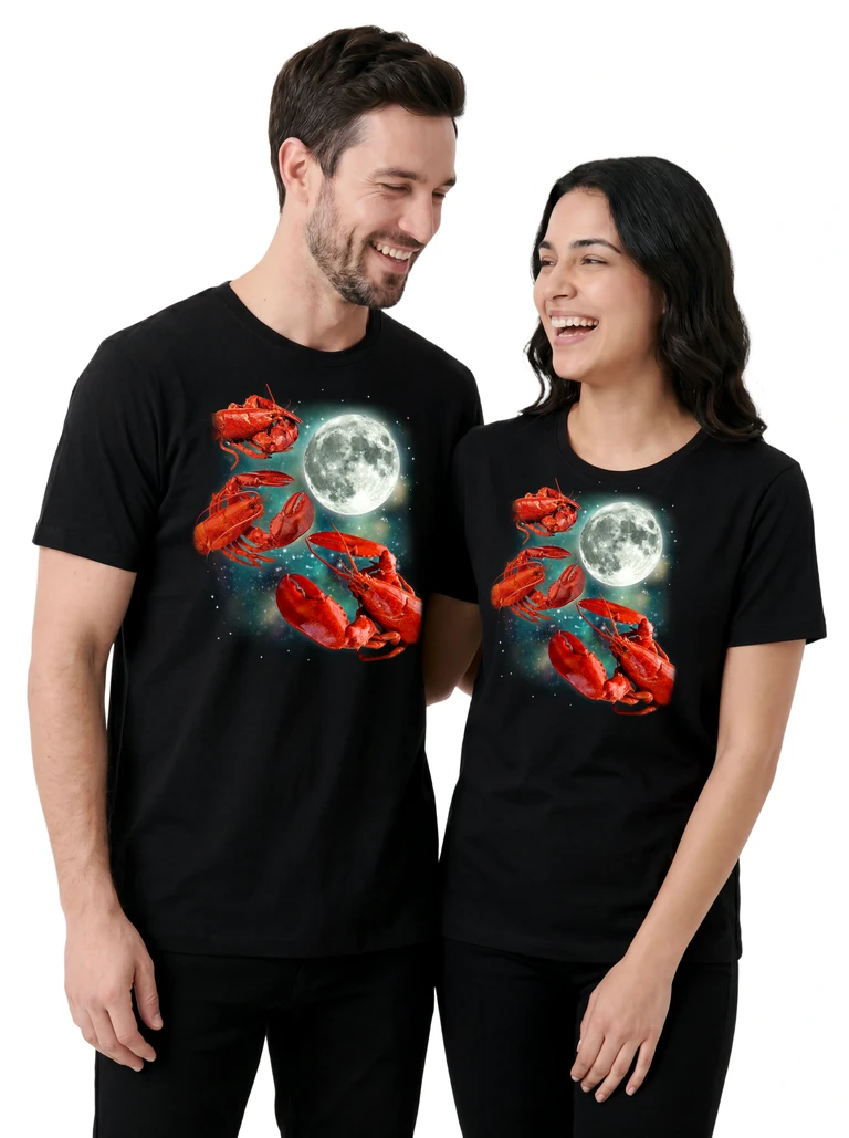 Couple wearing the Three Lobster Moon cosmic t-shirt - MagicMoon moon-channeled design