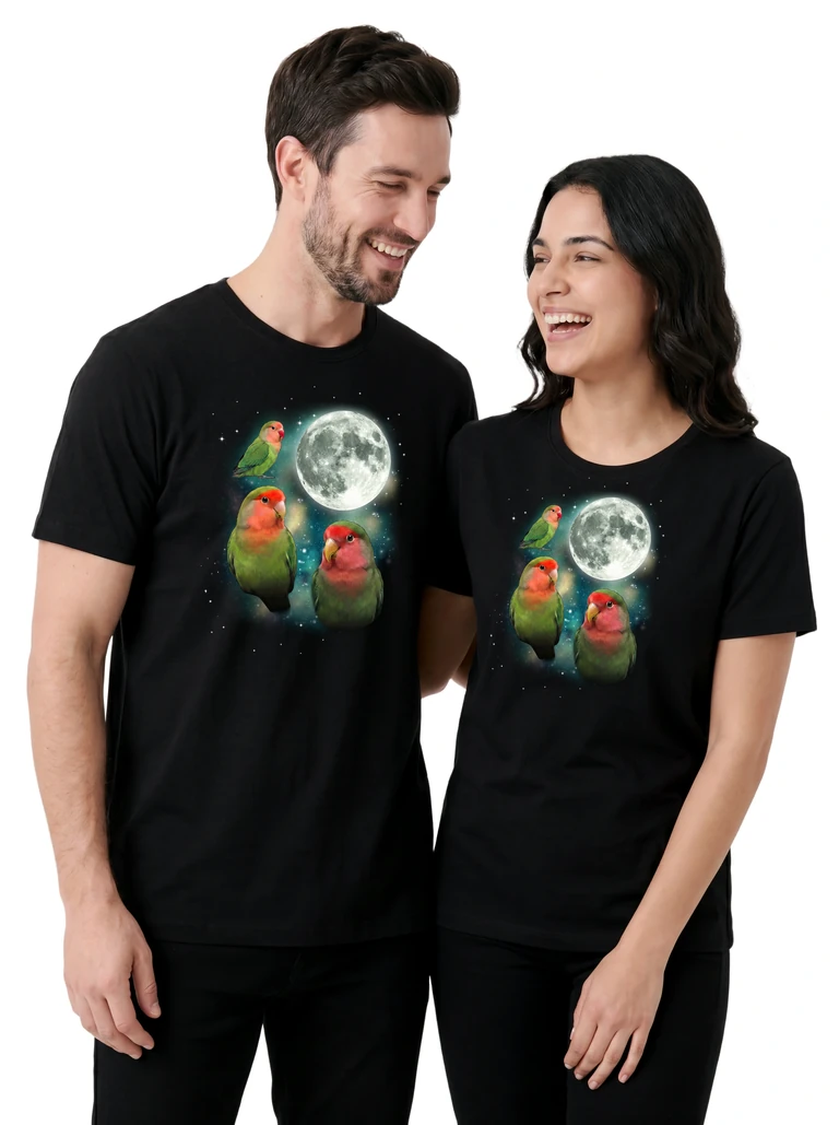 Couple wearing the Three Lovebird Moon cosmic t-shirt - MagicMoon moon-channeled design