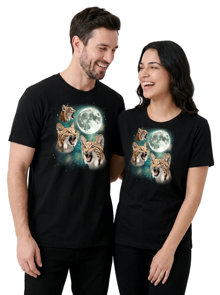 Couple wearing the Three Lynx Moon cosmic t-shirt - MagicMoon moon-channeled design