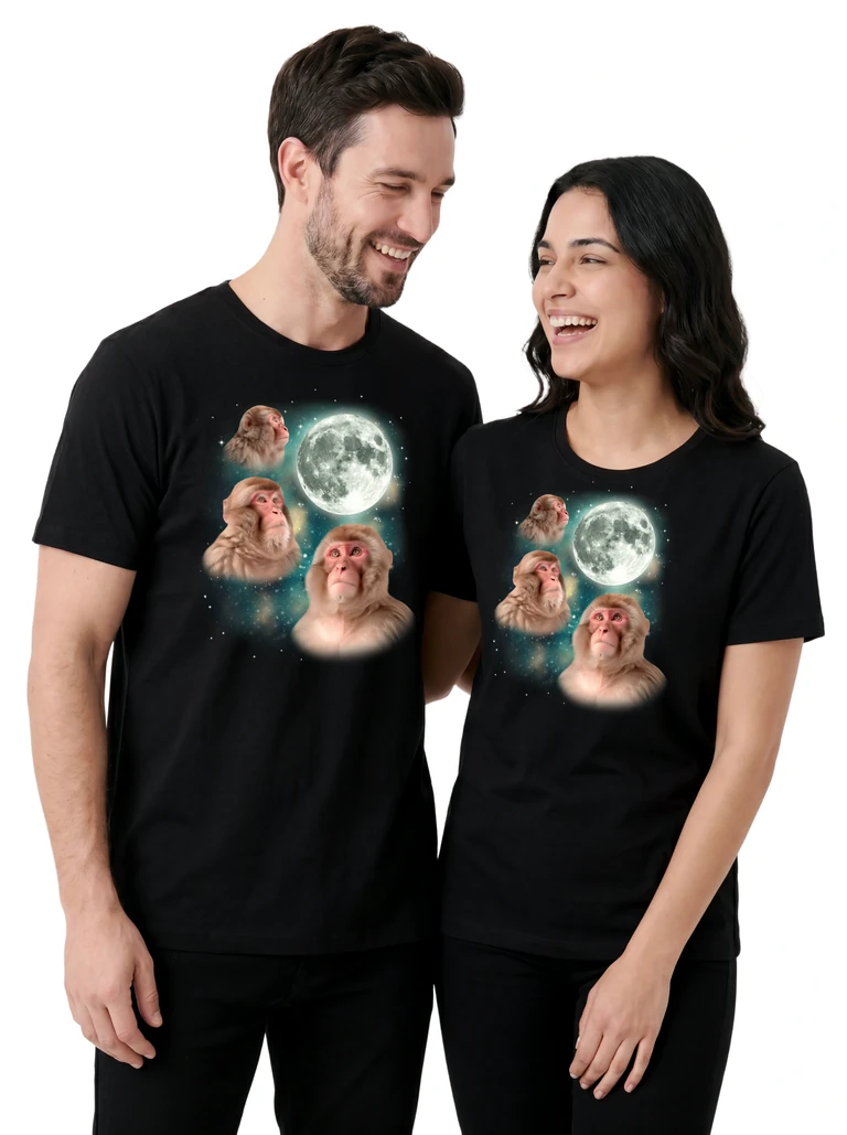 Couple wearing the Three Macaque Moon cosmic t-shirt - MagicMoon moon-channeled design