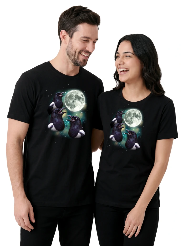 Couple wearing the Three Magpie Moon cosmic t-shirt - MagicMoon moon-channeled design