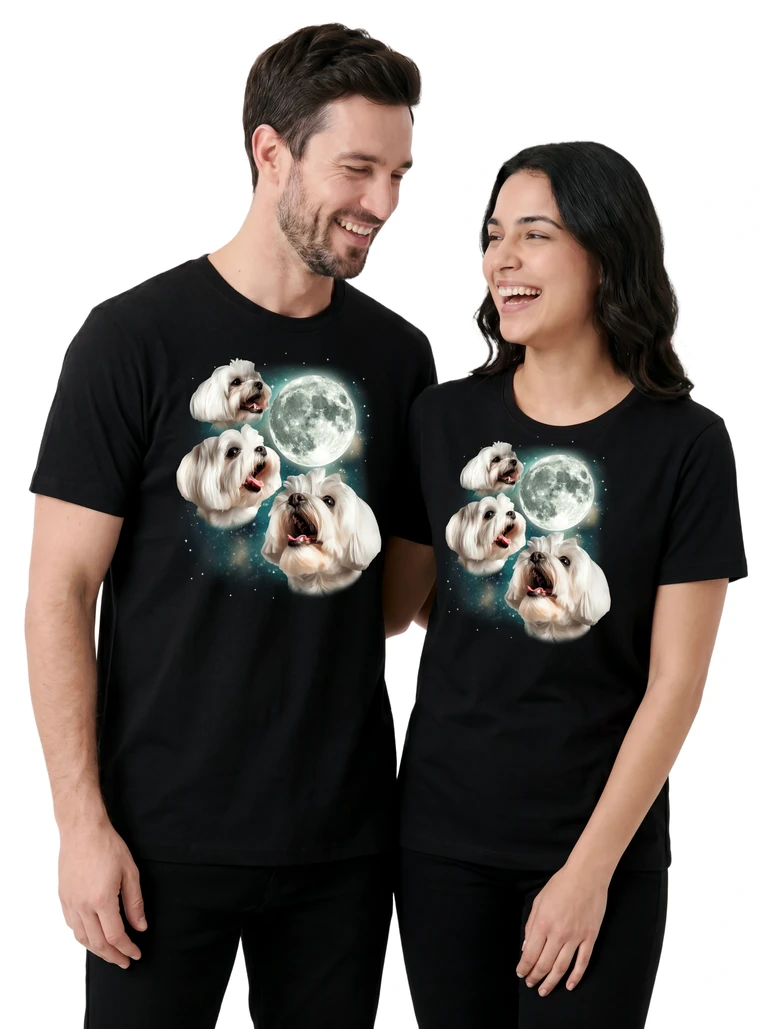 Couple wearing the Three Maltese Moon cosmic t-shirt - MagicMoon moon-channeled design