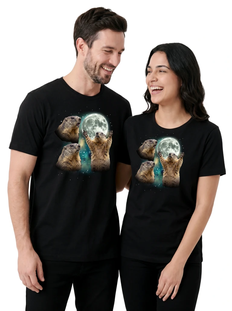 Couple wearing the Three Marmot Moon cosmic t-shirt - MagicMoon moon-channeled design