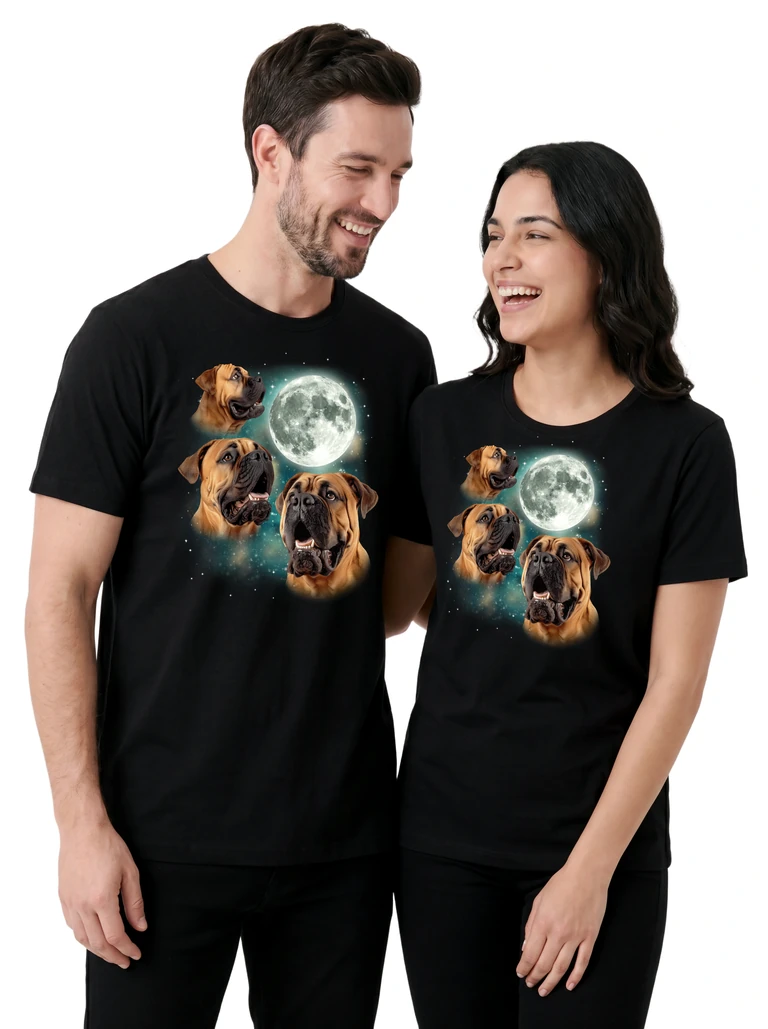 Couple wearing the Three Mastiffs Moon cosmic t-shirt - MagicMoon moon-channeled design