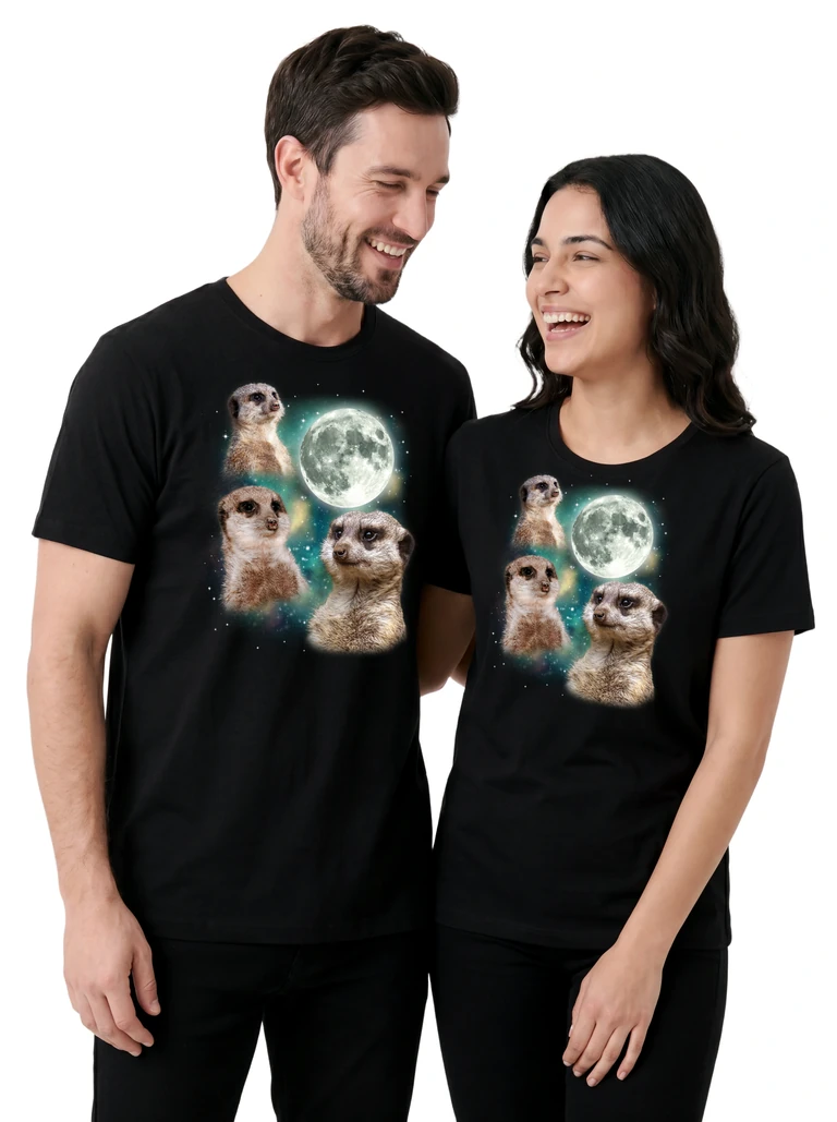 Couple wearing the Three Meerkat Moon cosmic t-shirt - MagicMoon moon-channeled design