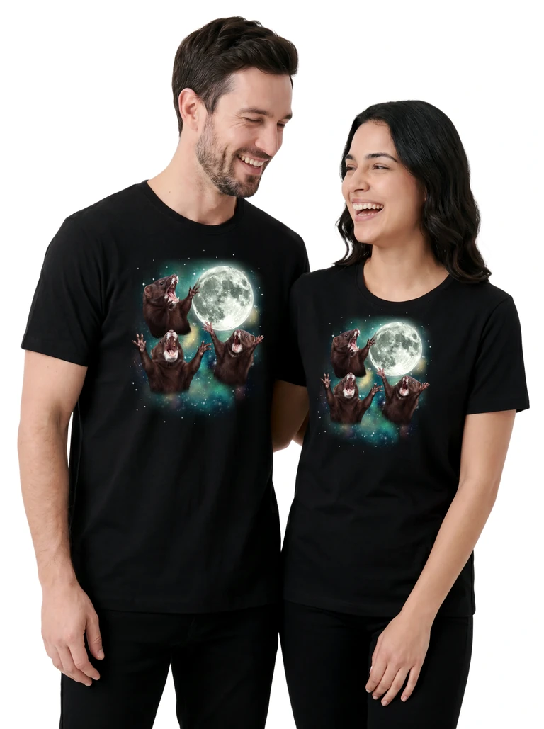 Couple wearing the Three Mink Moon cosmic t-shirt - MagicMoon moon-channeled design