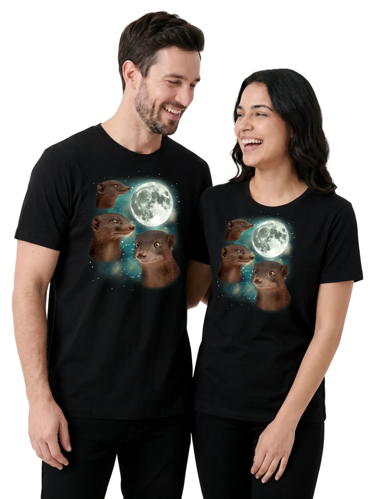 Couple wearing the Three Mongoose Moon cosmic t-shirt - MagicMoon moon-channeled design