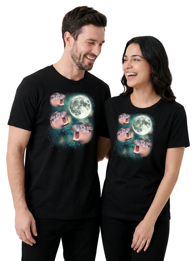 Couple wearing the Three Moo Deng Moon cosmic t-shirt - MagicMoon moon-channeled design
