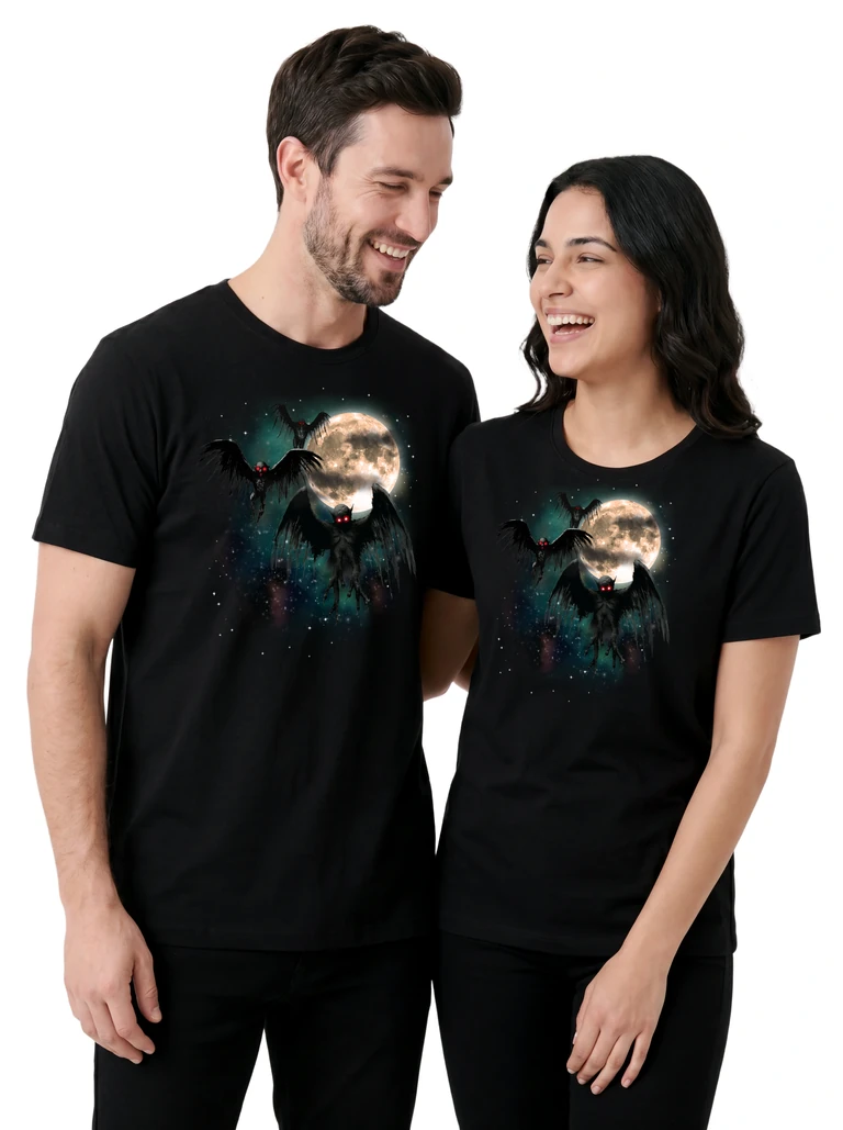 Couple wearing the Three Mothman Moon cosmic t-shirt - MagicMoon moon-channeled design