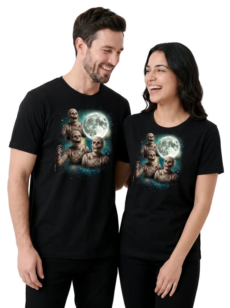 Couple wearing the Three Mummy Moon cosmic t-shirt - MagicMoon moon-channeled design