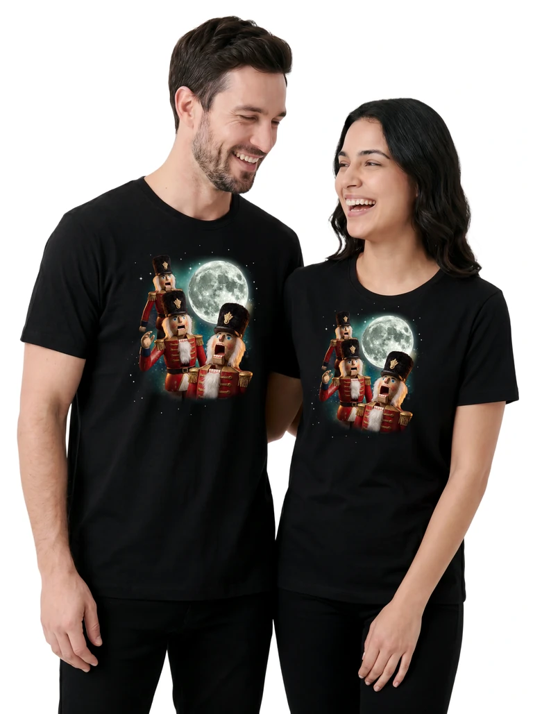 Couple wearing the Three Nutcracker Moon cosmic t-shirt - MagicMoon moon-channeled design