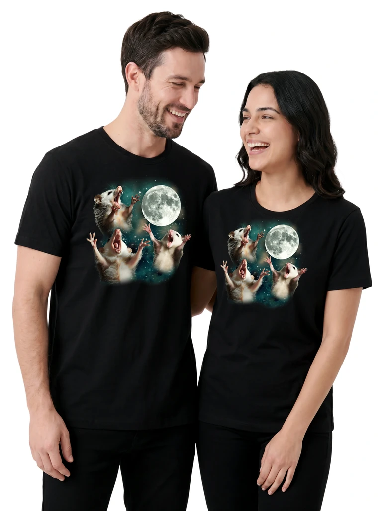 Couple wearing the Three Opossum Moon cosmic t-shirt - MagicMoon moon-channeled design