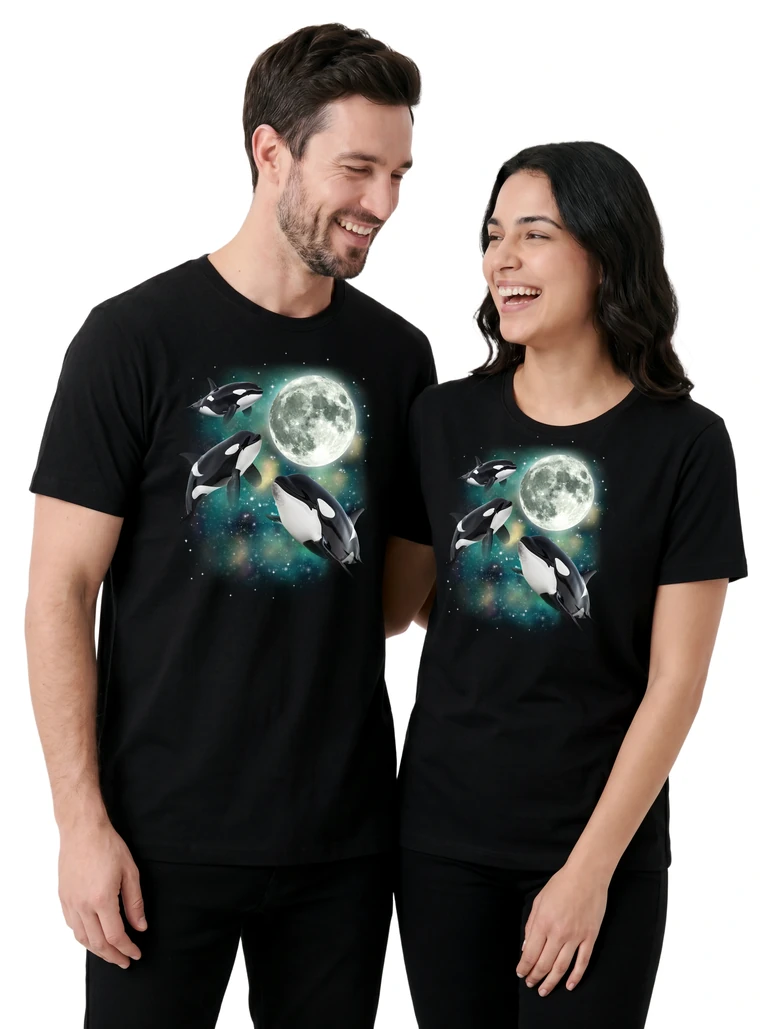 Couple wearing the Three Orca Moon cosmic t-shirt - MagicMoon moon-channeled design