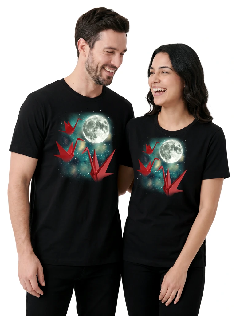 Couple wearing the Three Origami Crane Moon cosmic t-shirt - MagicMoon moon-channeled design