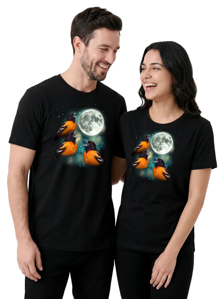Couple wearing the Three Oriole Moon cosmic t-shirt - MagicMoon moon-channeled design