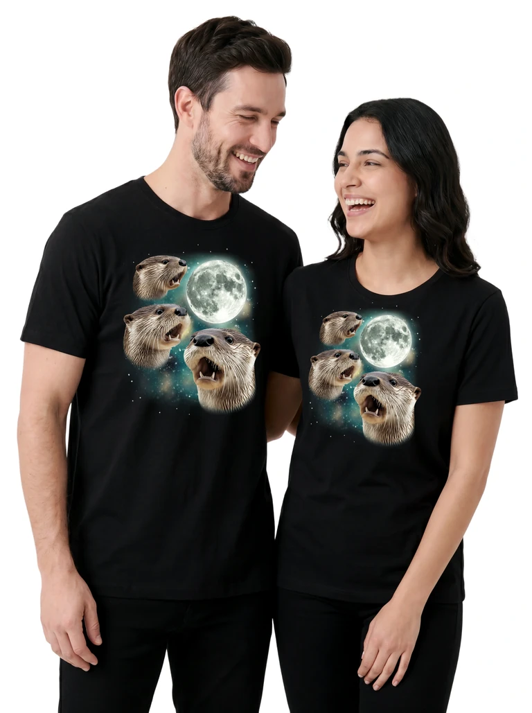 Couple wearing the Three Otter Moon cosmic t-shirt - MagicMoon moon-channeled design
