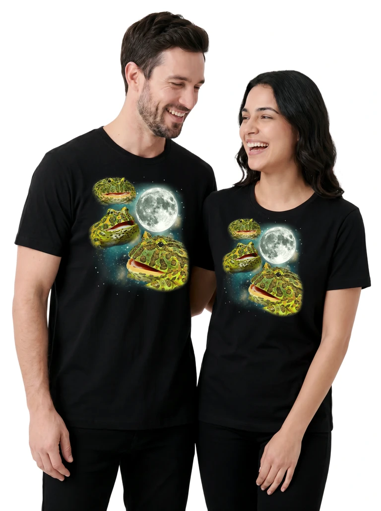Couple wearing the Three Pacman Frog Moon cosmic t-shirt - MagicMoon moon-channeled design
