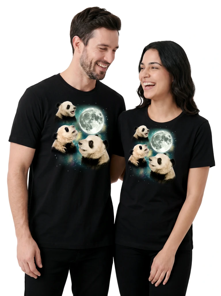 Couple wearing the Three Panda Moon cosmic t-shirt - MagicMoon moon-channeled design