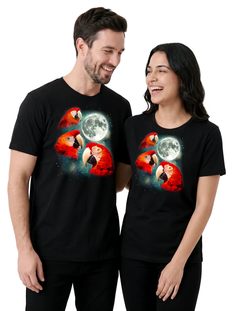 Couple wearing the Three Parrot 2 Moon cosmic t-shirt - MagicMoon moon-channeled design