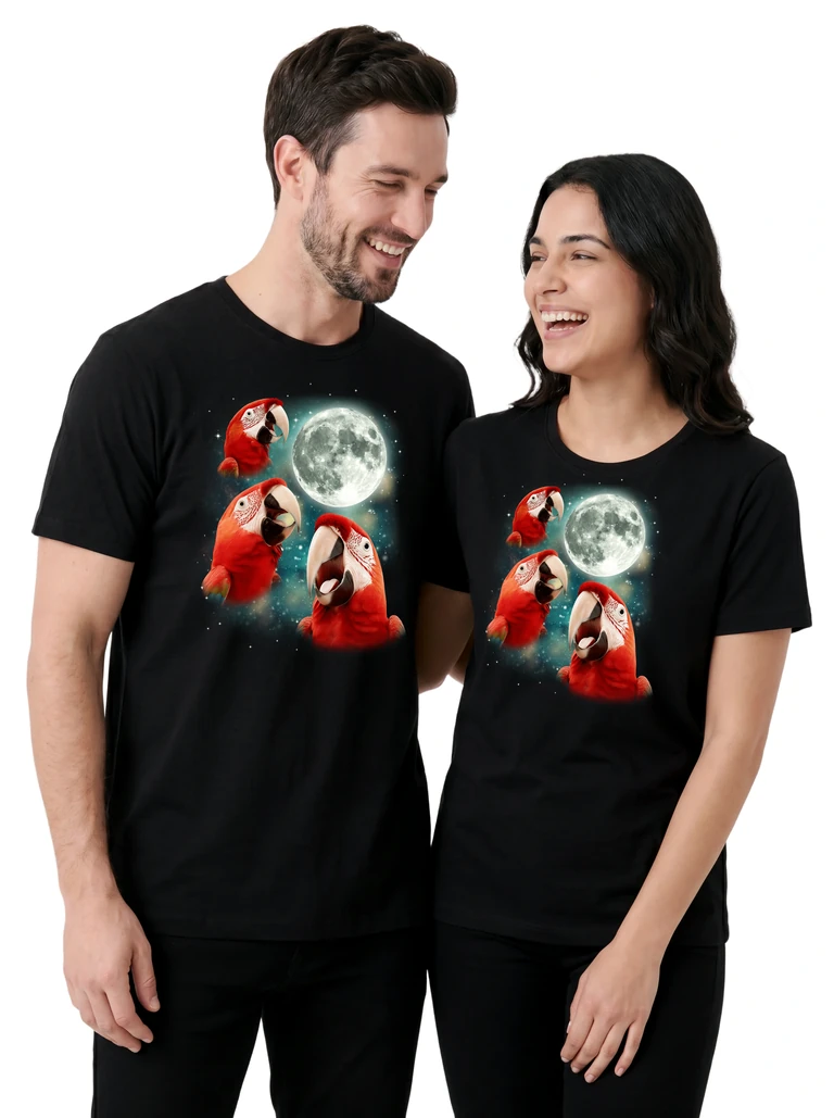 Couple wearing the Three Parrot Moon cosmic t-shirt - MagicMoon moon-channeled design