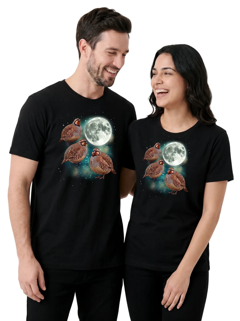 Couple wearing the Three Partridge Moon cosmic t-shirt - MagicMoon moon-channeled design