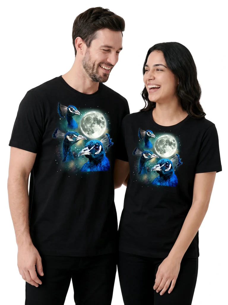 Couple wearing the Three Peacock Moon cosmic t-shirt - MagicMoon moon-channeled design
