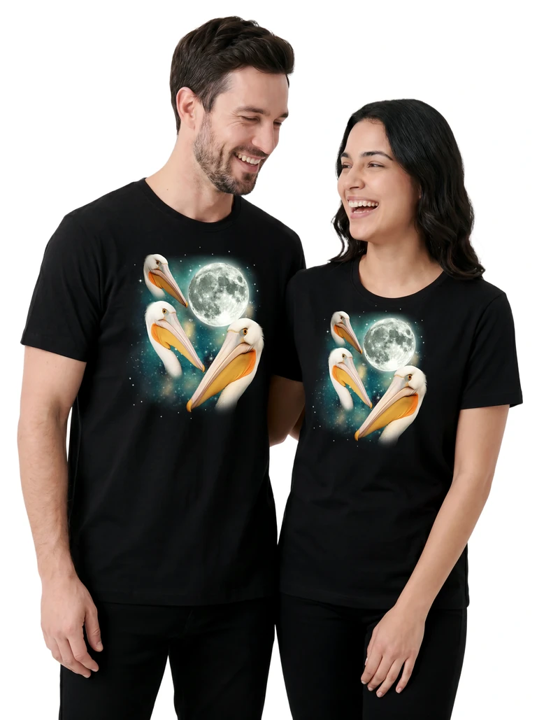 Couple wearing the Three Pelican Moon cosmic t-shirt - MagicMoon moon-channeled design