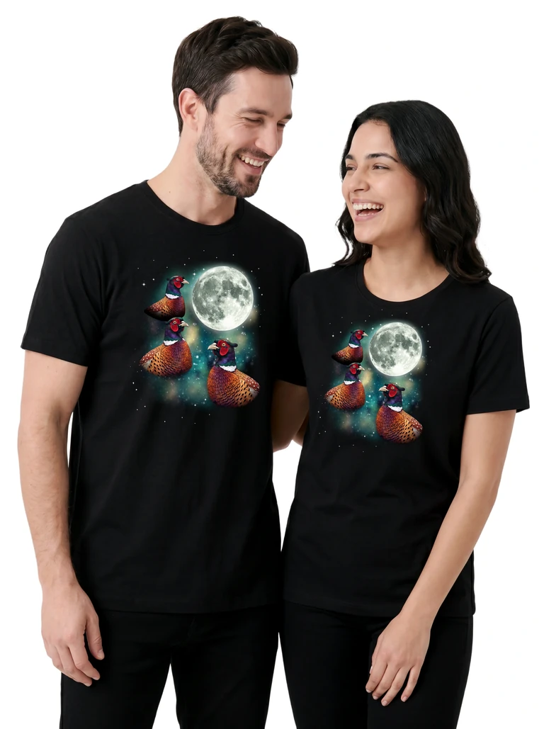 Couple wearing the Three Pheasant Moon cosmic t-shirt - MagicMoon moon-channeled design
