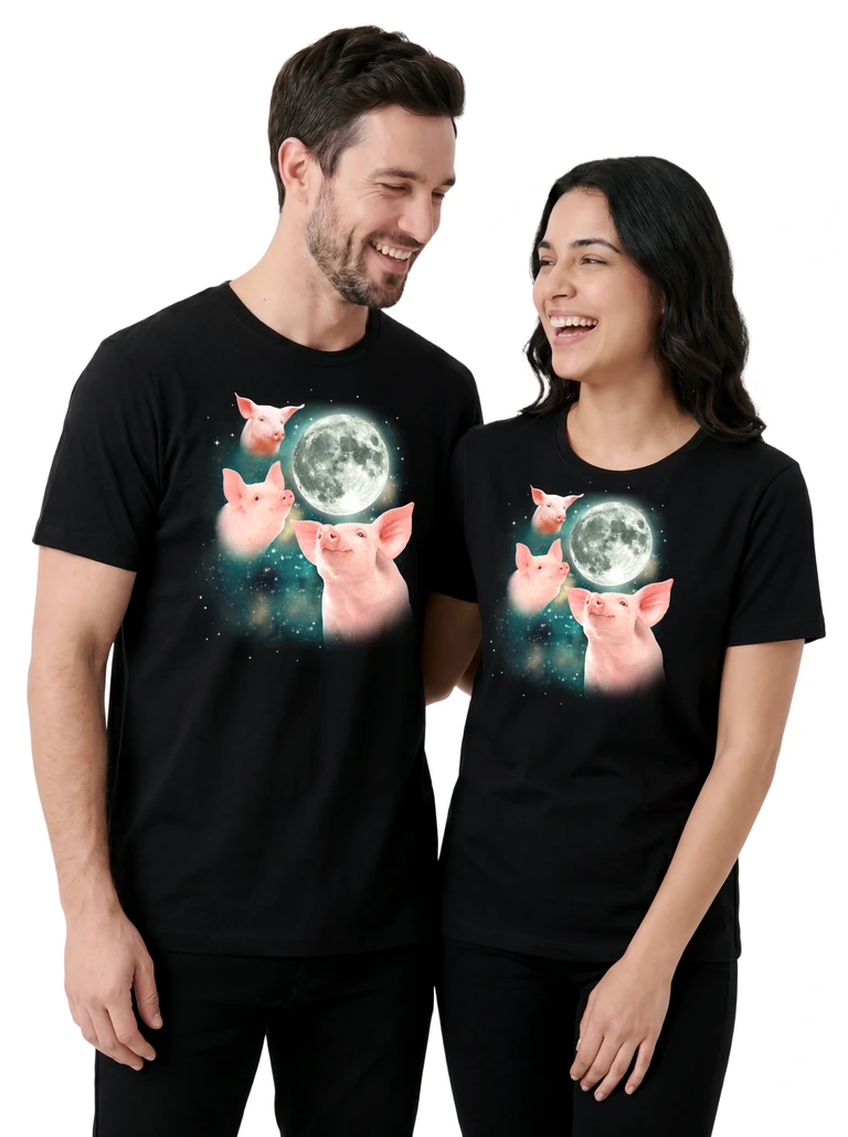 Couple wearing the Three Pig Moon cosmic t-shirt - MagicMoon moon-channeled design