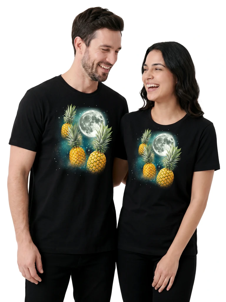 Couple wearing the Three Pineapple Moon cosmic t-shirt - MagicMoon moon-channeled design